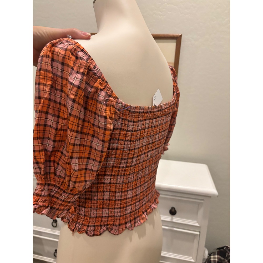 Cottage Core Plaid Smocked milkmaid Top SO Orange Pink Sweetheart Neck M - Picture 3 of 5